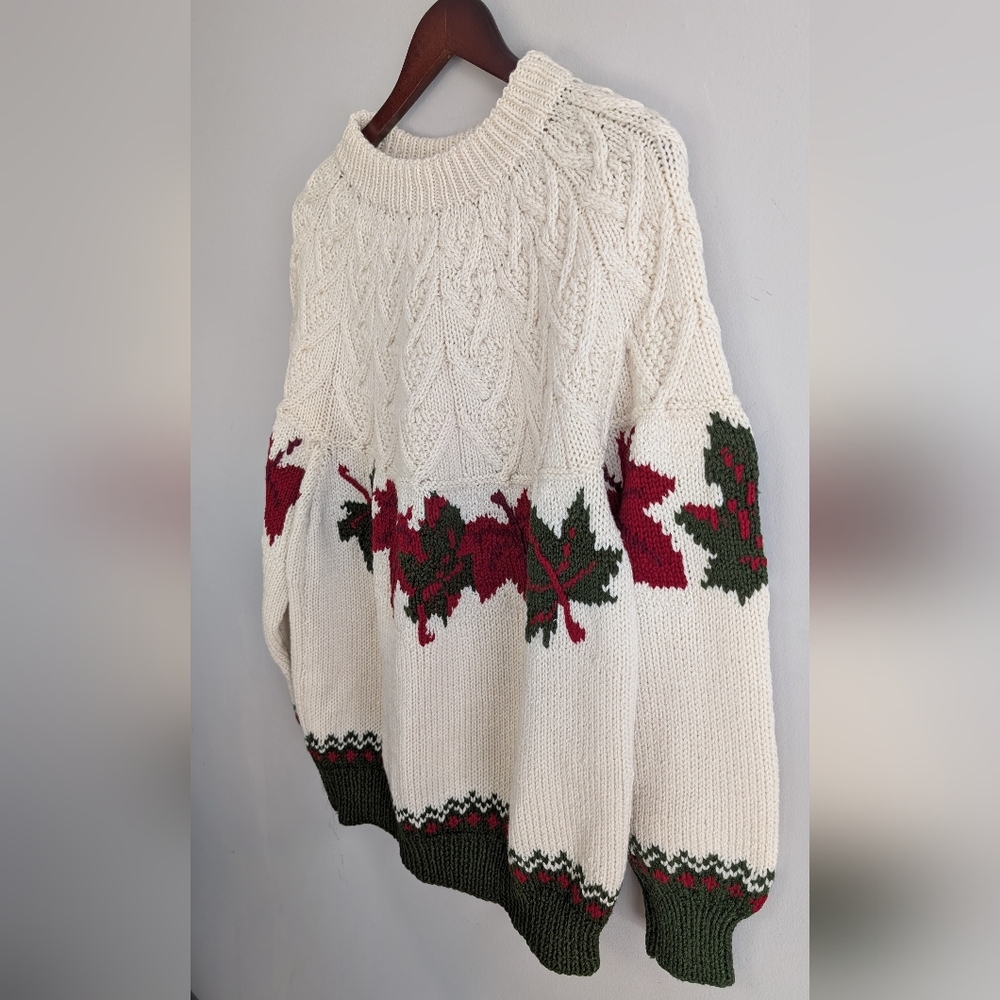 Handmade Knit Sweater, Cream w Red & Green Leaves, Crewneck Pullover Sweater - Picture 2 of 14